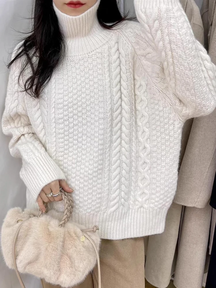 トレンディな小さいサイズの高級ニットウェア女性のインナーウェア怠惰なスタイルツイストハイカラーセーター秋冬新着