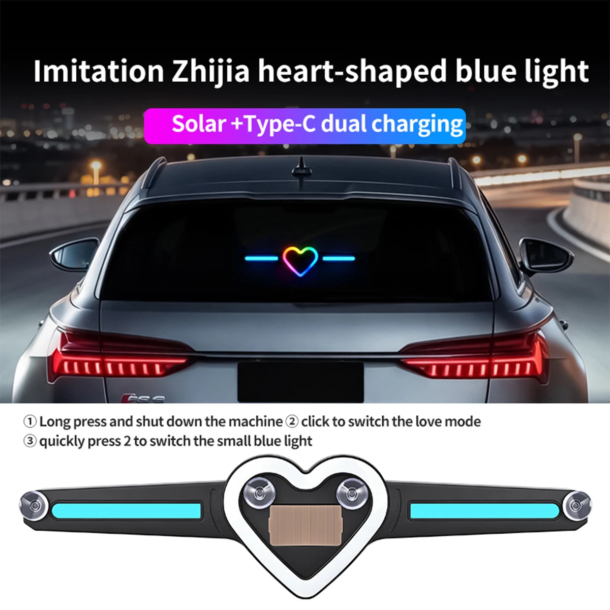 Car Solar Triangle Window LED Smart Driving Small Blue Heart-shaped Light Suction Cup Wiring Free LED Rear Window RGB Decor Lamp