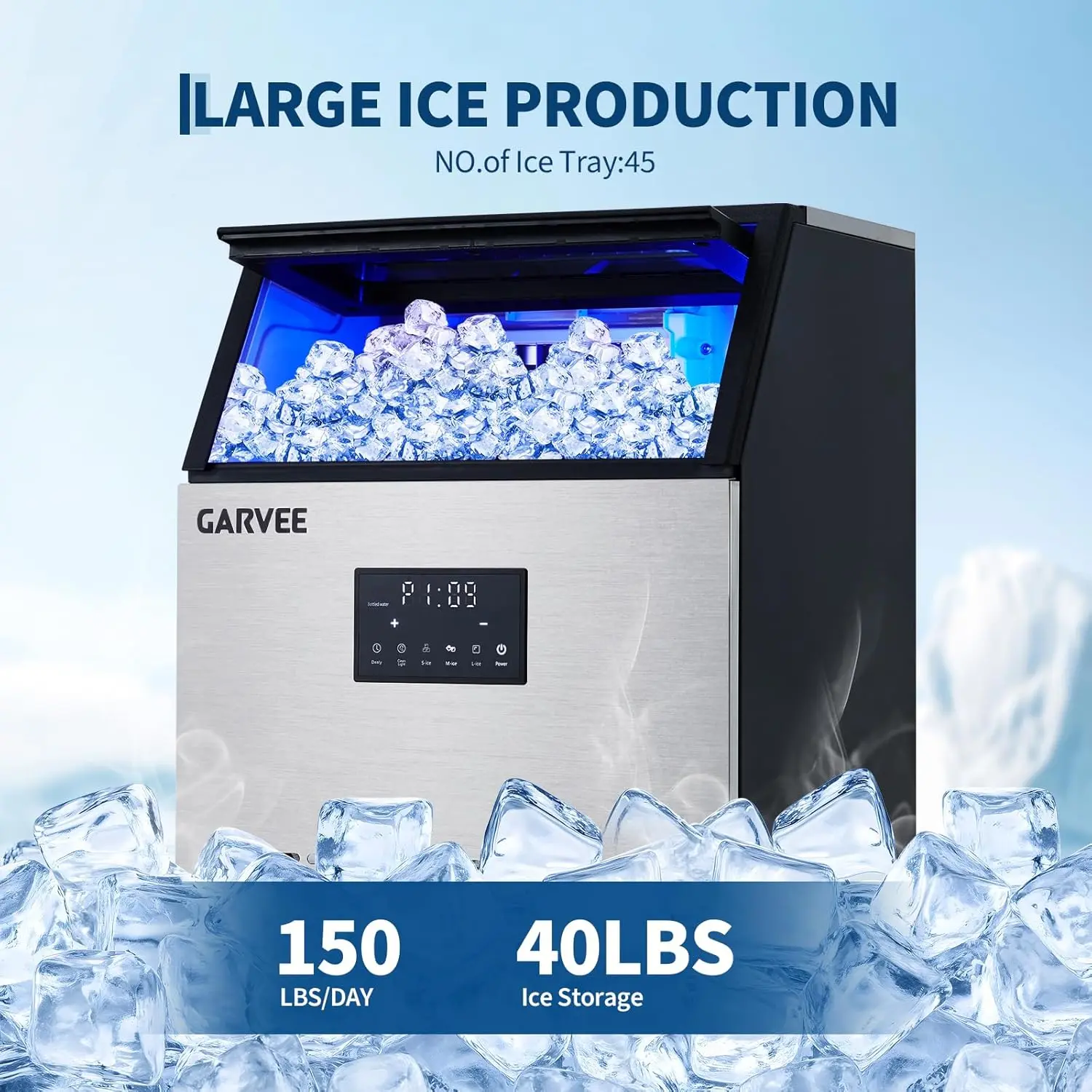 Commercial Ice Maker Machine 150LBS/24H, 40LBS Storage Bin, Fast Ice Making, Dual Water Inlet & Auto Self-Cleaning for home view 4