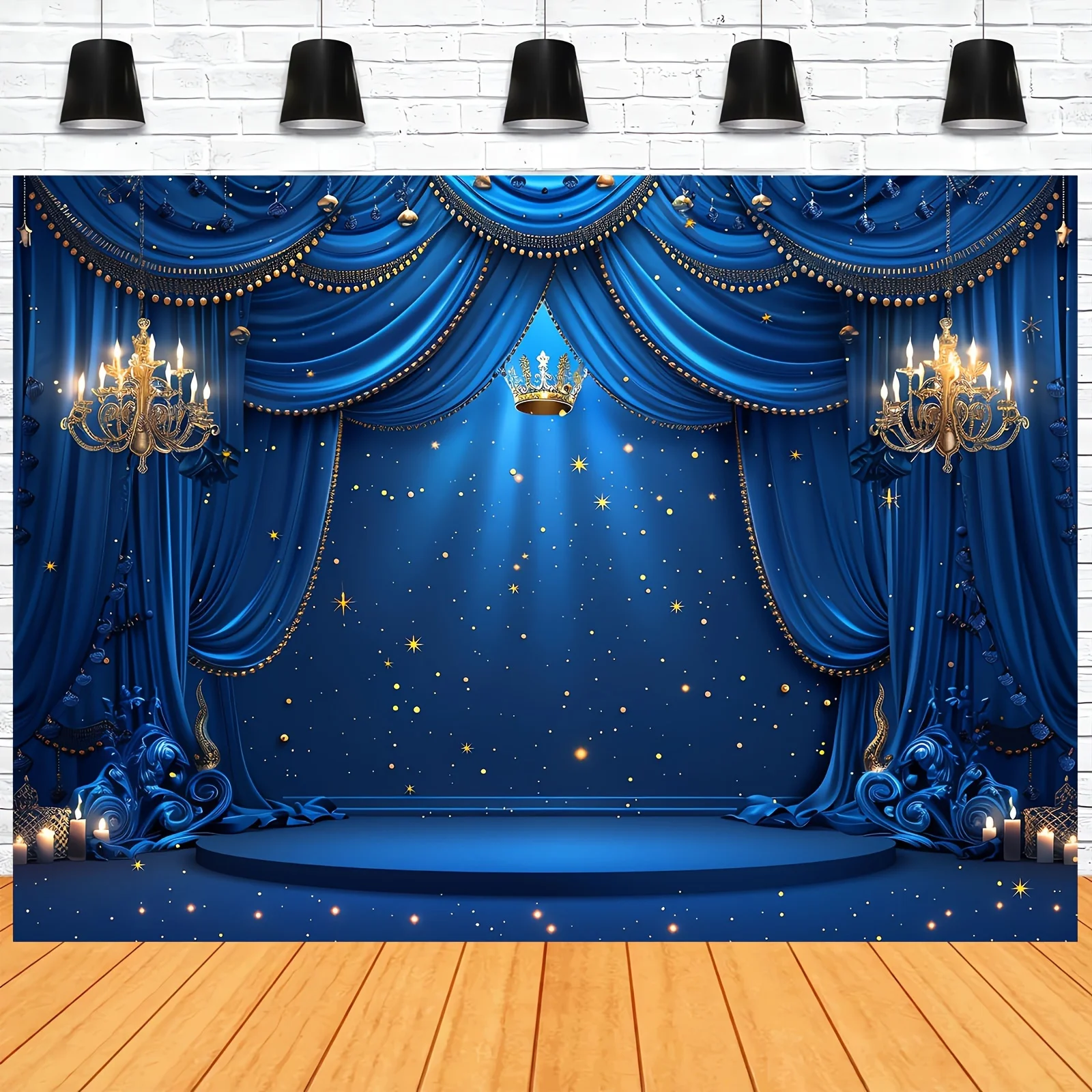 Royal blue and gold photography background with crown and stars - suitable for the Little Prince theme shoot