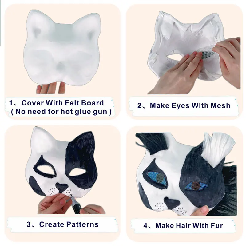 Kit de Masque Therian avec Tissu en Feutre Mesh False Laine Masque Cat Masque 3set Masque