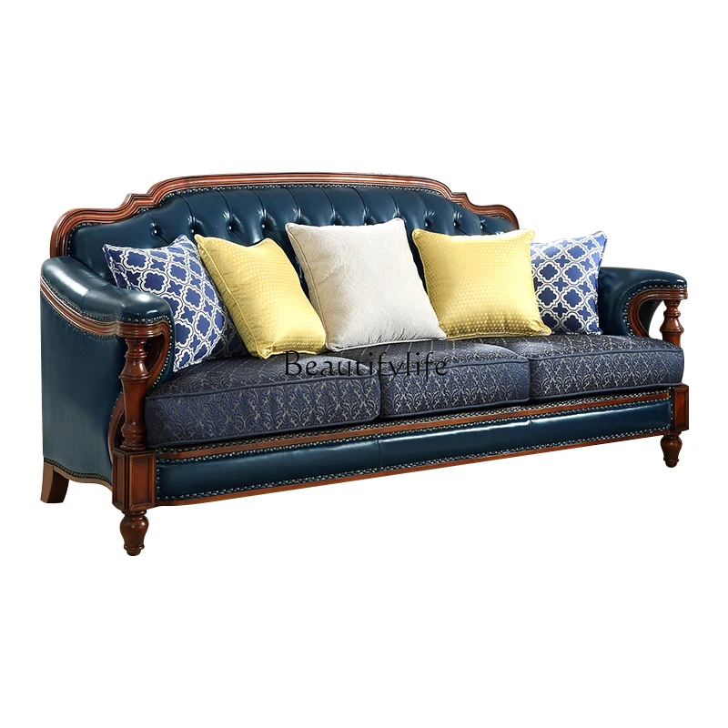 

4*American leather sofa L-shaped leather cloth retro simple European solid wood double triple