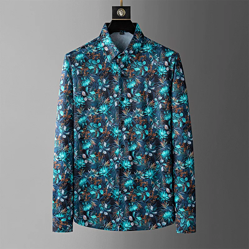 

2024 Spring Flower Printed Shirt Men Long Sleeve Traceless Casual Shirts Slim Business Office Social Dress Shirts Men Clothing