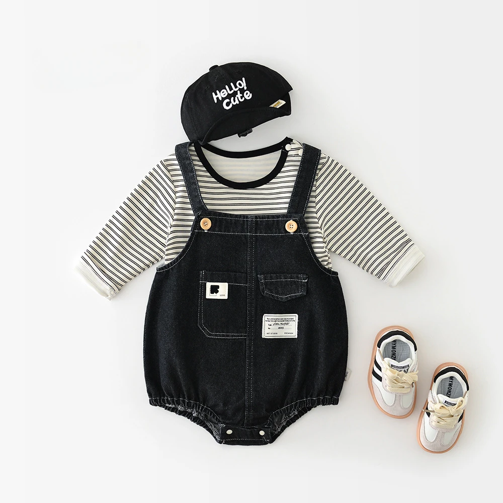 5182 Baby Clothes Spring 2025 Newborns Pants 0-3 Years Old Boys and Girls Pocket Denim Strap Pants Or Striped T Shirt