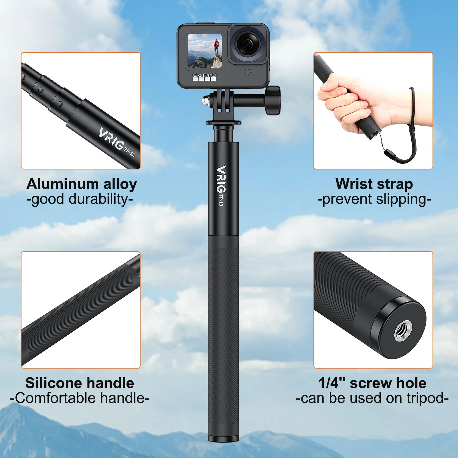 VRIG UURIG TP-13 Invisible Selfie Stick for Insta360 ONE X3, X2, X,ONE R, RS Action Camera W/ 1/4\