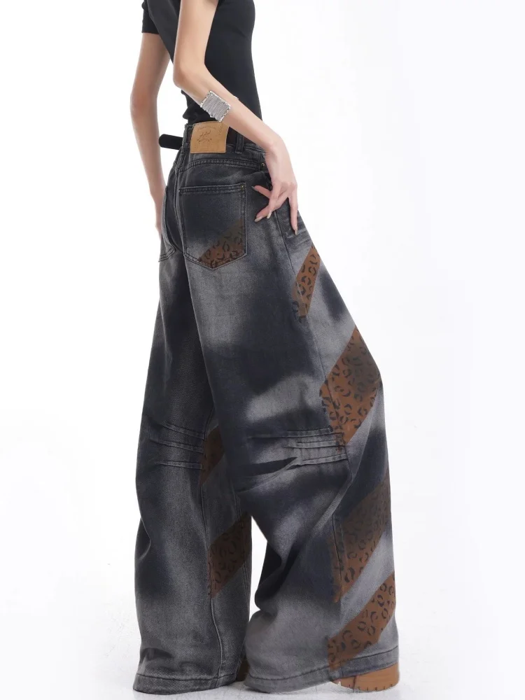 2026 American Retro Y2K Style Leopard Patchwork Baggy Women's Jeans Pants For Woman Clothes Wide Leg Gothic Cotton Long Trousers