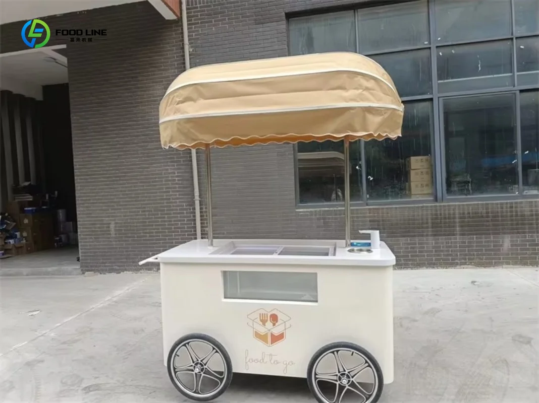 Mobile Stainless Steel Ice Cream Vendor Cart Rust Resistant Snack Food Trolley Commercial Vending OEM Customized
