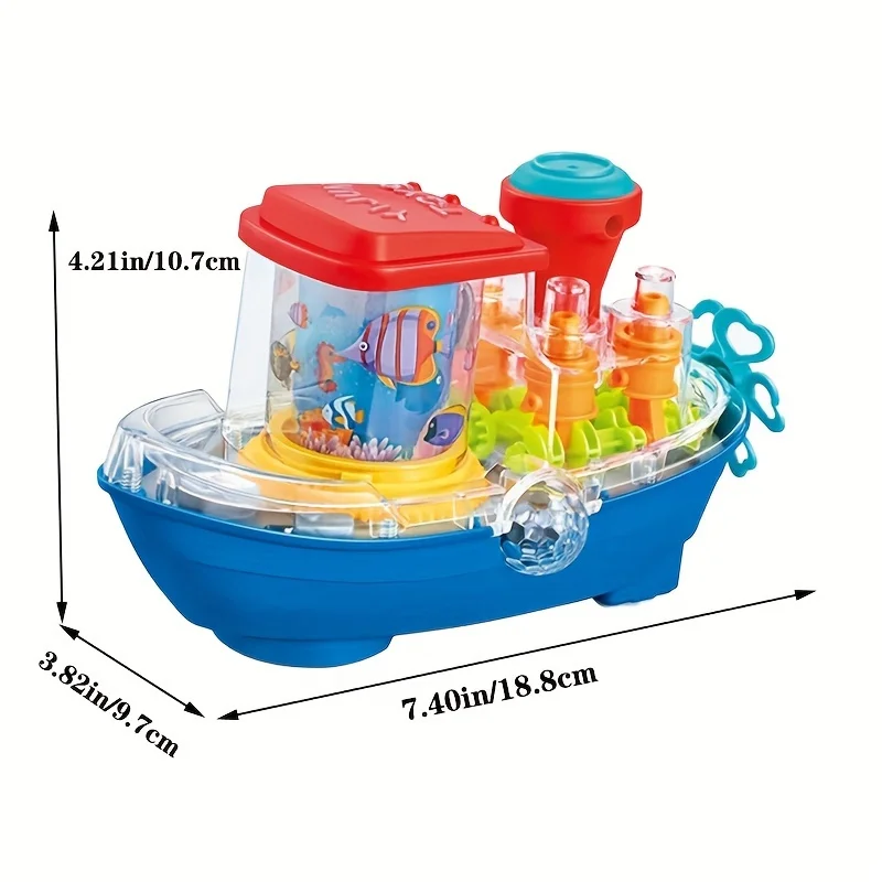 Przezroczysta statka z przekładniami, elektryczna uniwersalna zabawka, fajne zabawki, które uwielbiają dzieci (bateria nie jest dołączona), kolorowe światła, melodyczna muzyka.