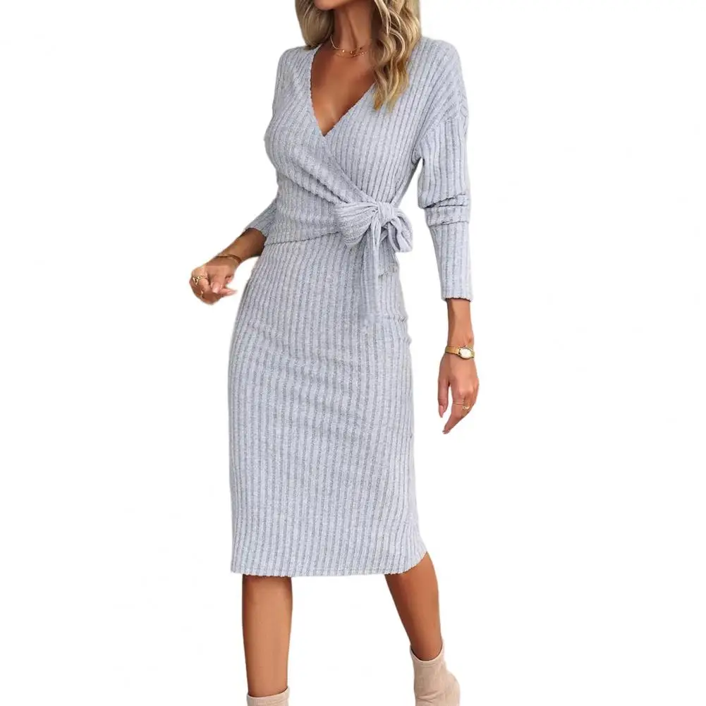 V-neck Tie Dress Elegant Lace-up V Neck Midi Dress for Women Slim Fit Sheath with Long Sleeves Knee Length Knitted for Shopping