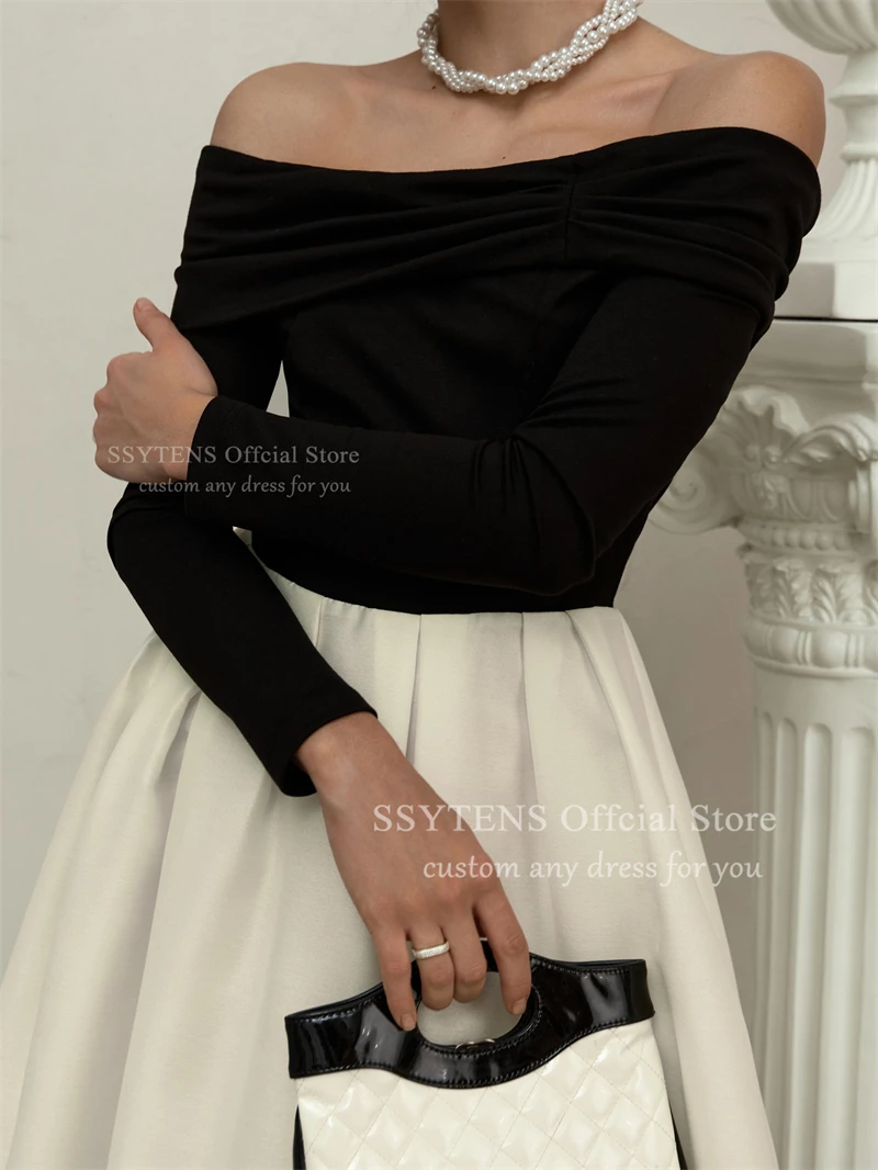 SSYTENS 현대 블랙/화이트 라인 이브닝 드레스 긴 소매 파티 드레스 특별 행사 차 길이 댄스 파티 드레스 맞춤형