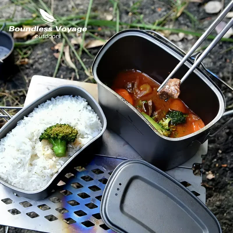 Pure Titanium Lightweight Folding Handle Outdoor Cookware Set 2-in-1 Pot Camping Steamer Lunch Box Frying Pan Uncoated 1500ml