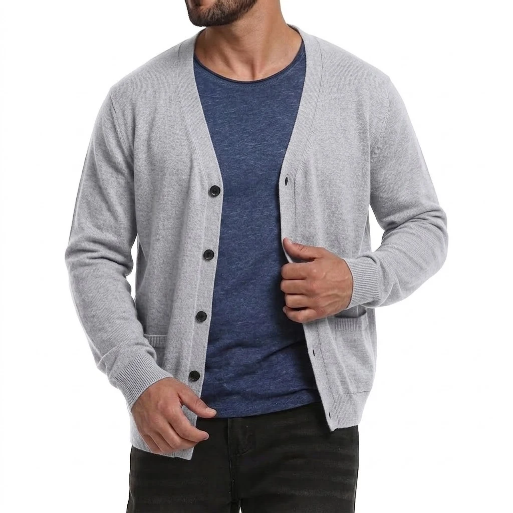 Neuer Herren-Cardigan mit langen Ärmeln, Knopfleiste, V-Ausschnitt, Strickware, lässiger Pullover, einfarbig, leichte Oberbekleidung mit Taschen. – Detail 9