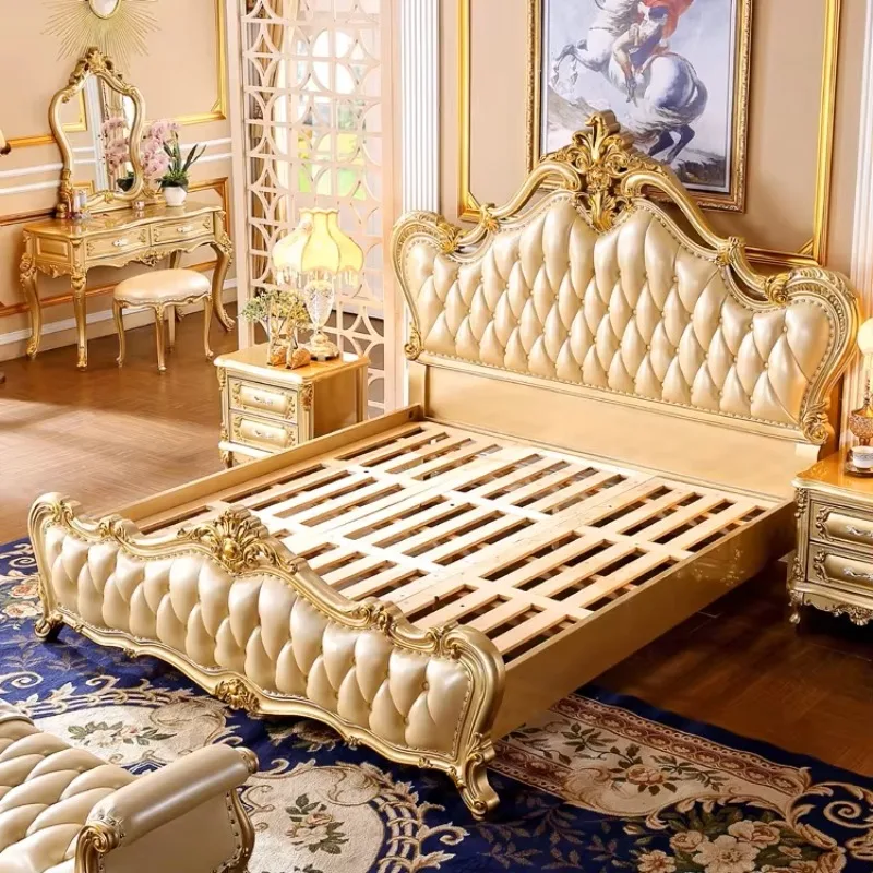 Luxury Genuine Leather European Bedroom Bed Set Classic Royal Princess Bed Furniture French Carved Solid Wood Frame Wedding Bed