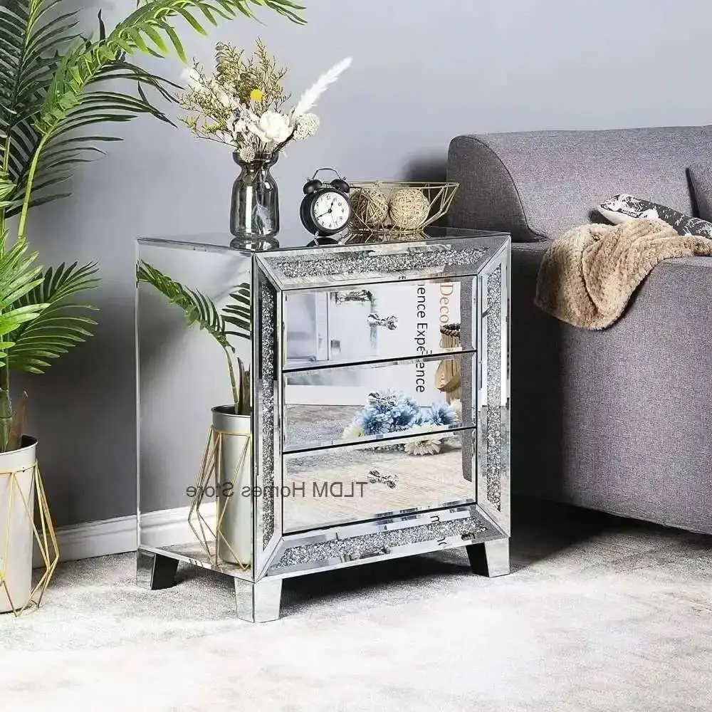 Bedroom, VINGLI for Mirrored with Nightstand Glass Bedside End Stand Table, 23