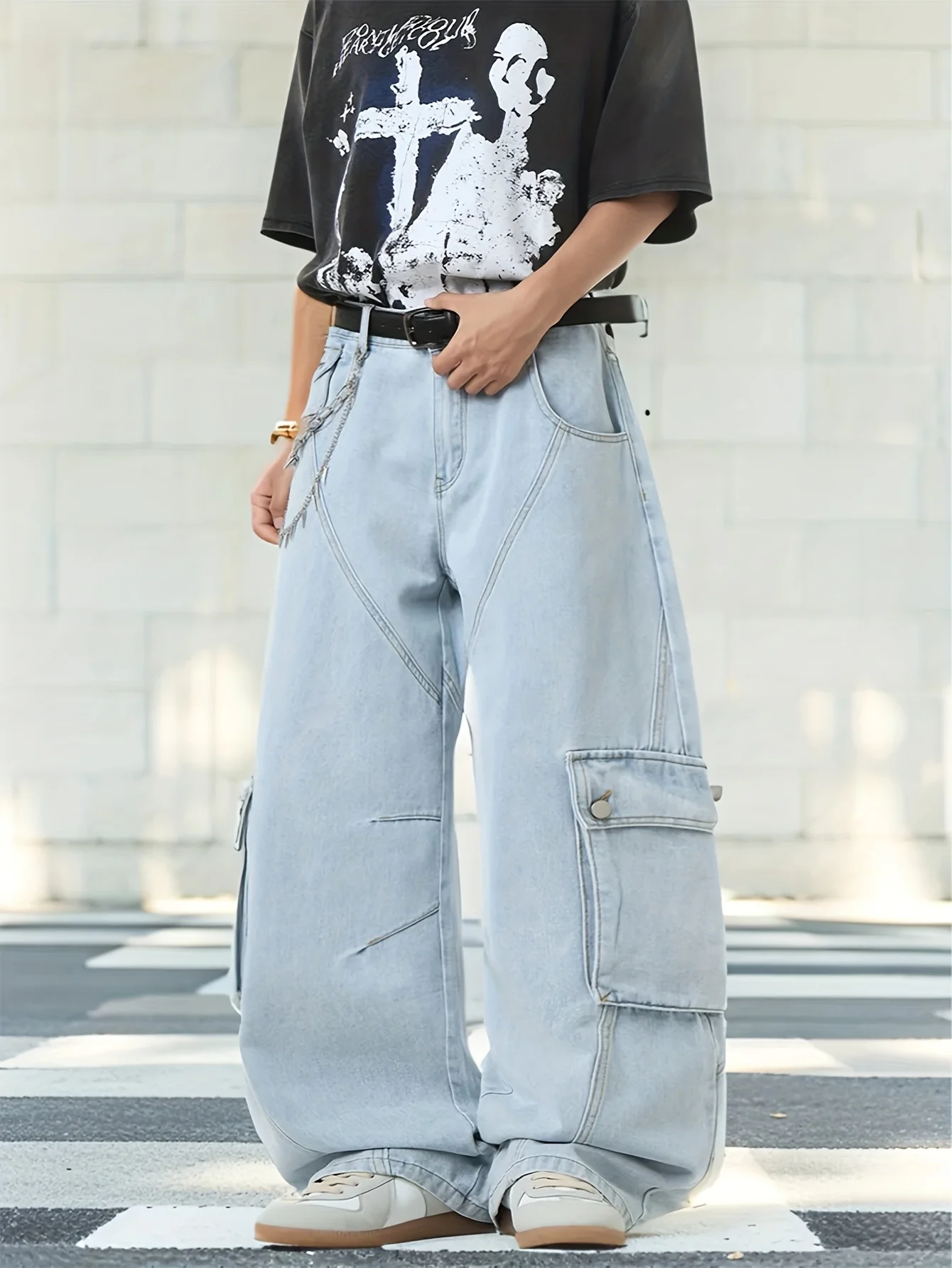 Men's Washed Distressed Blue Baggy Wide Pants, Deconstructed Patchwork Men's Loose Wide-Leg Jeans, Belt/Accessories Not Included