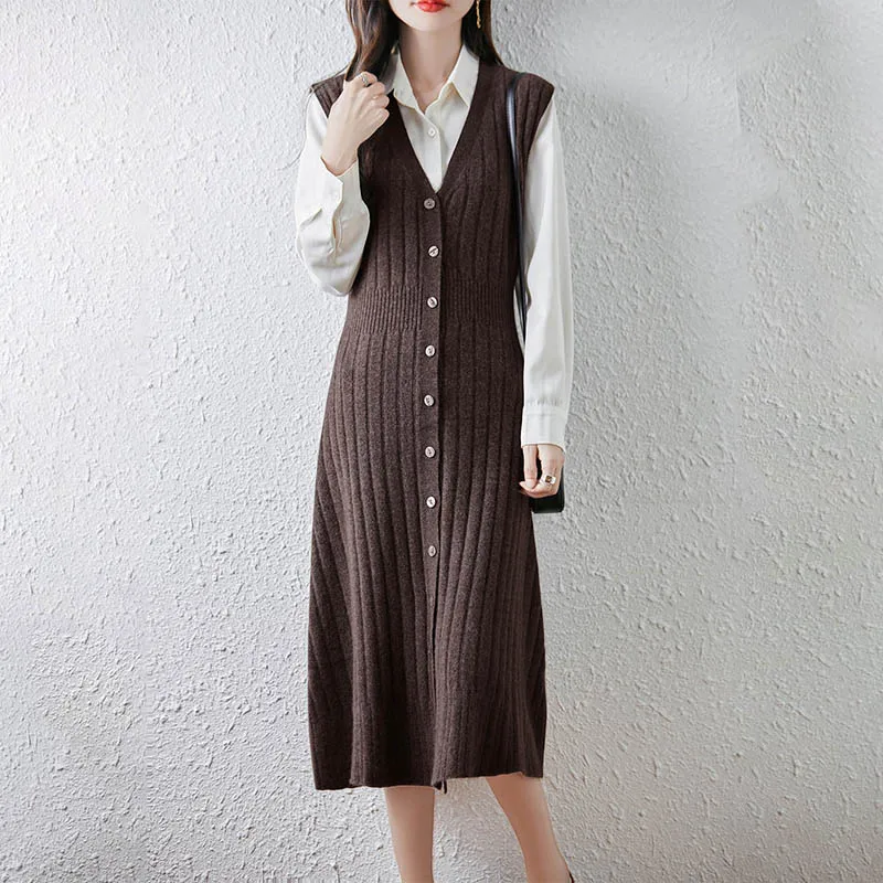 2025 novo vestido feminino meio longo sem mangas colete 100% lã merino cintura botão para baixo malha deslizamento camadas inteligentes
