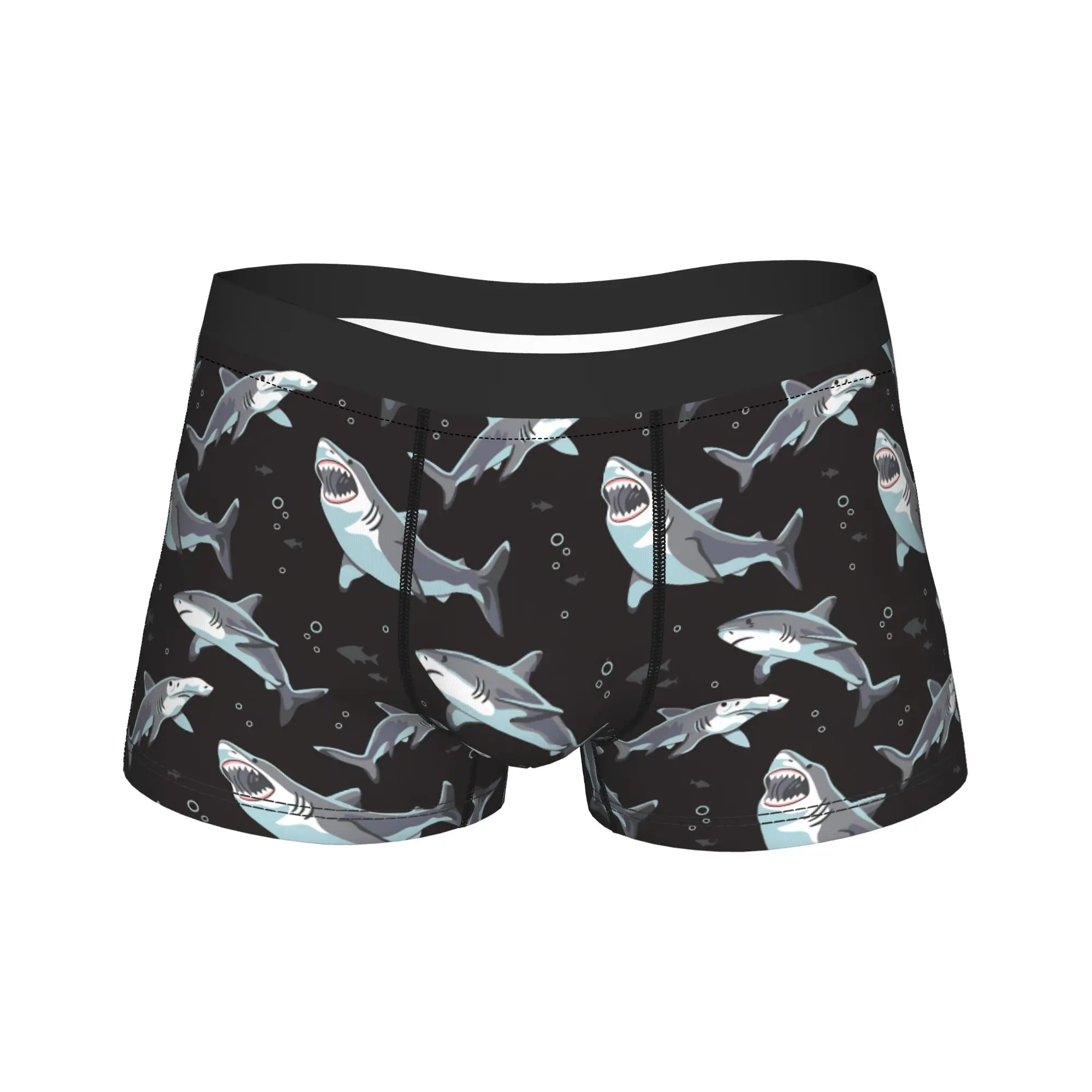 Cartoon Shark Seamless Pattern Black Background Underwear  Printing Boxer Shorts Quality Men Panties Novelty Boxer Brief Gift