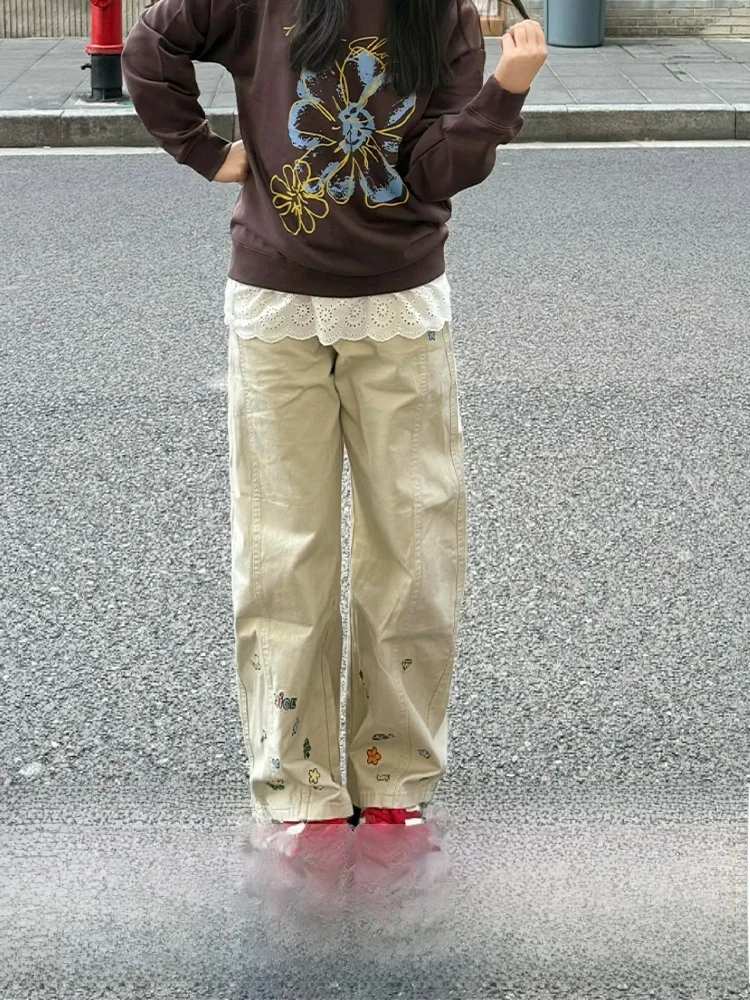 

Американские широкие джинсы с высокой талией, женские осенне-зимние новые утягивающие джинсовые брюки с вышивкой абрикосового цвета