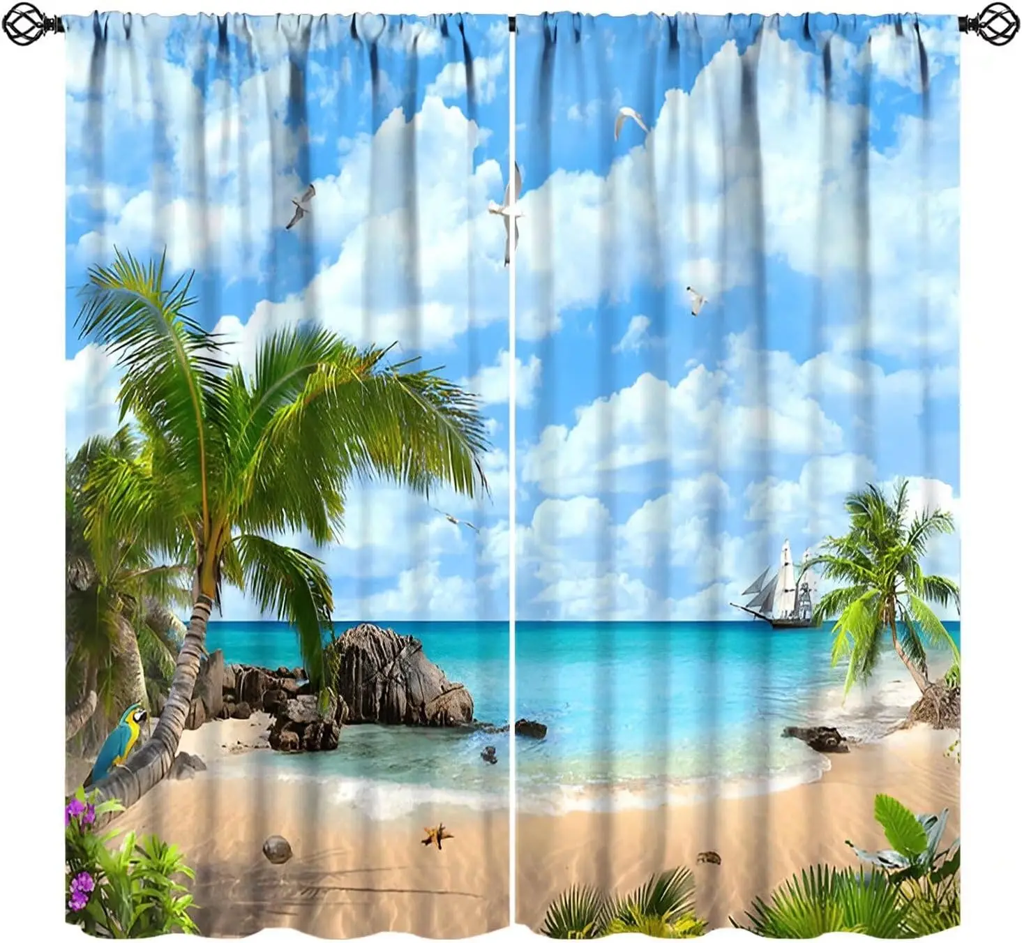 Tropical Beach Curtains Polyester Window Panels Ocean View Summer Vacation Paradise Coastal Curtains House Decor Shower Curtain