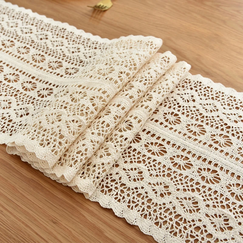 Table Runner Beige Christmas Crochet Lace Cotton Blended Fabric with Tassel For Coffee Table Decor Wedding Decoration