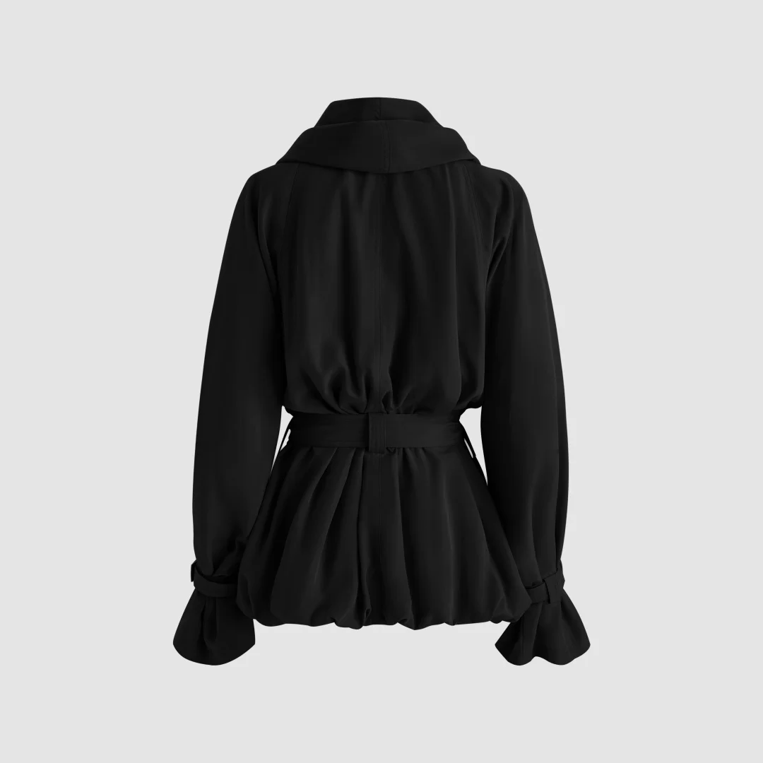 2026 Shawl-Collar Tulip Trench Coat – Belted Wrap Windbreaker with Ruffled Hem & Cinched Waist in Black/Khaki