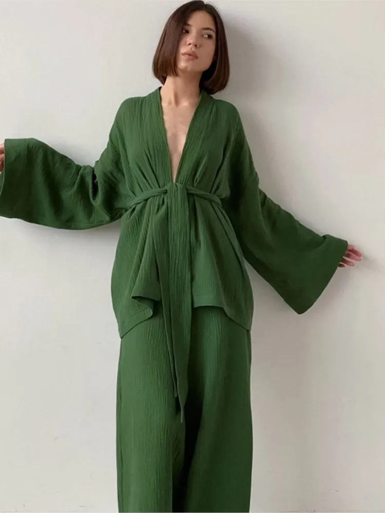 

Autumn Women Set Fashion Two Piece Set Casual Solid Color Long Sleeves Top And Loose Wide Legs Trousers Set Home Clothing