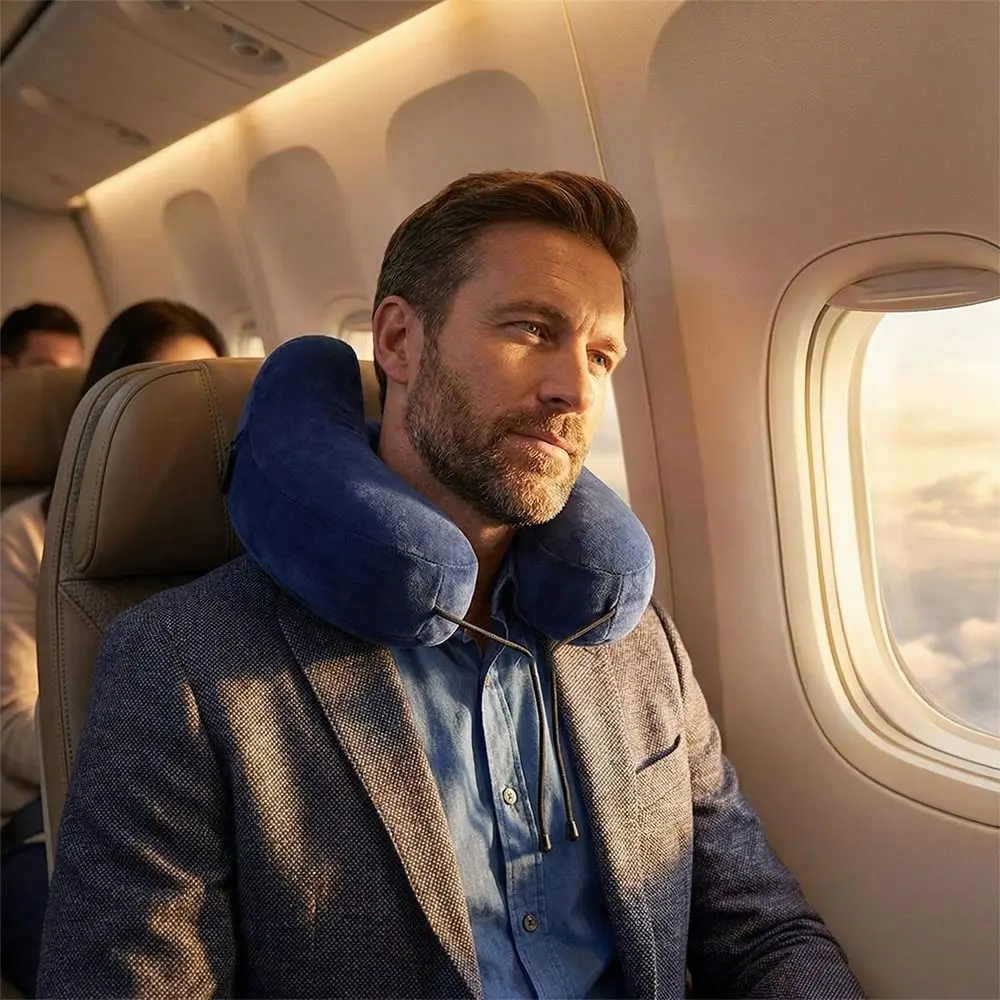 

Inflatable Design Travel Neck Pillow With Storage Pouch Breathable Design U-Shaped Pillow Portable Multitool