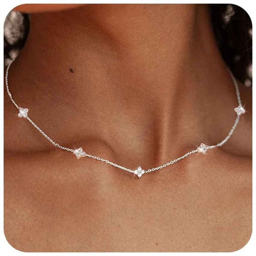 925 Silver Plated Four-leaf Flower Zircon Chain Necklace for Women Luxury Collar Charm Necklaces 2025 Trend Jewelry