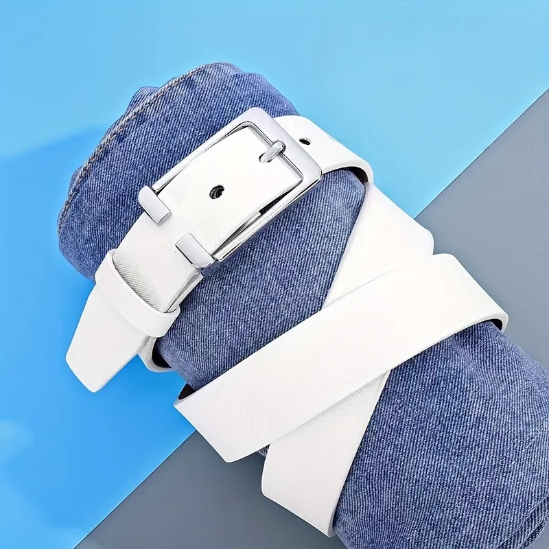 Men's White/Blue Golf Belt, Square Buckle Embossed Casual Belt
