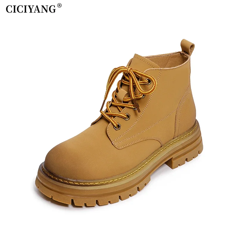 CICIYANG مارتون أحذية السيدات جلد طبيعي 2025 الخريف جديد النمط البريطاني سميكة القاع الرجعية النساء الدانتيل متابعة دراجة نارية الجوارب #1