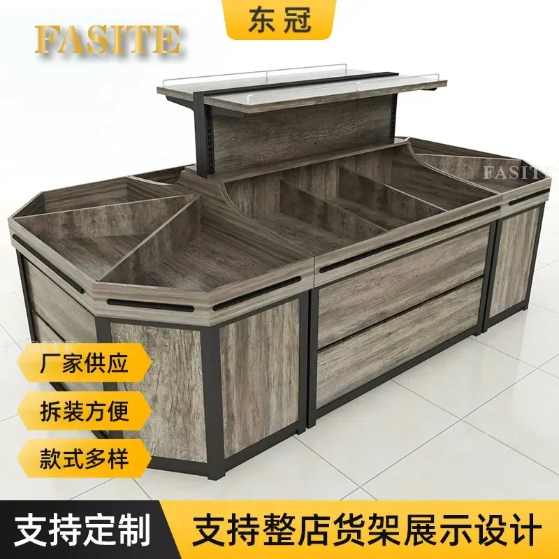 For Supermarket Steel Wooden Vegetable Fruit Display Shelf Convenience Store Fresh Produce Rack Stacking Cabinet Durable