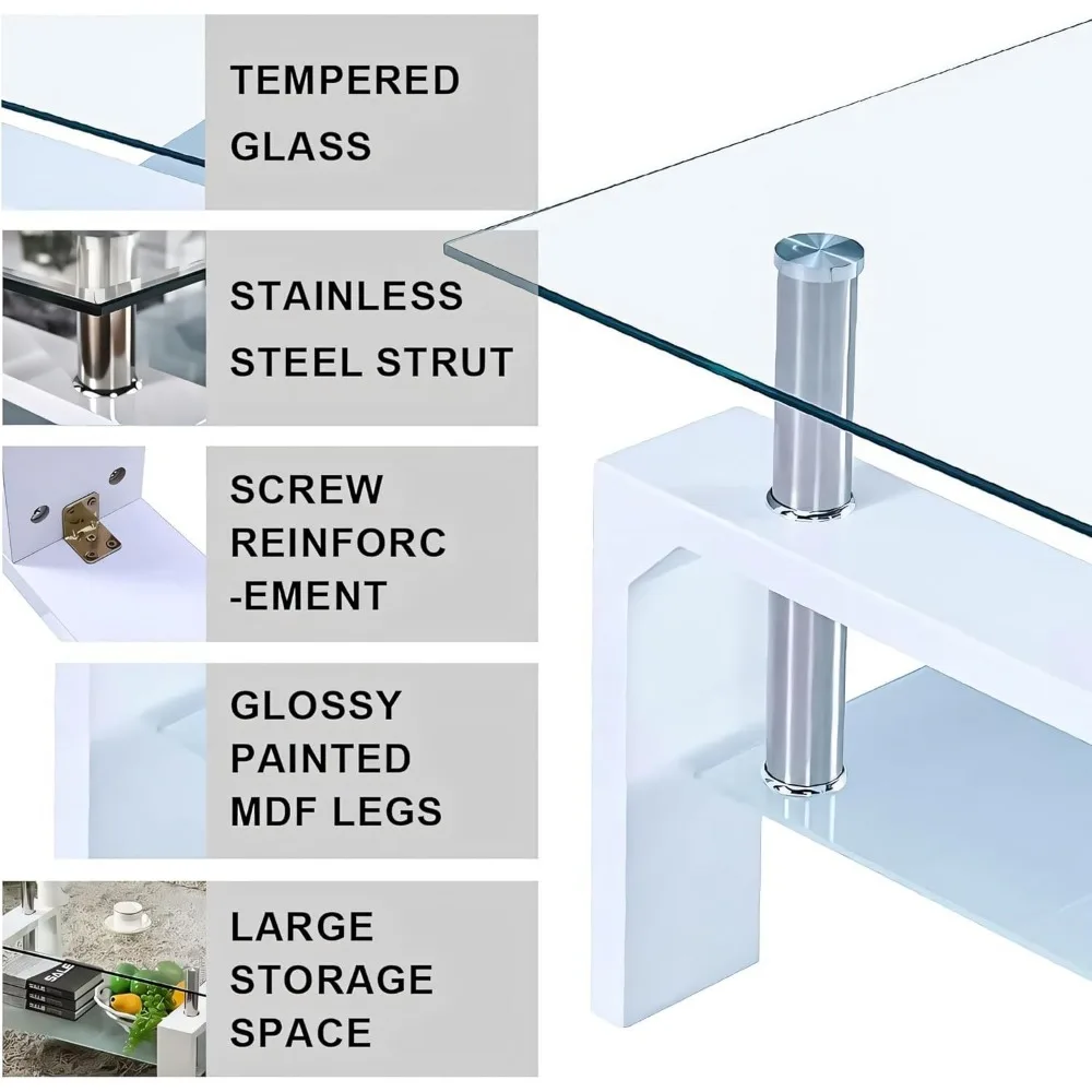 Mesa de centro moderna retangular, mesa de vidro temperado de 2 andares, mesa de sala de estar com prateleira inferior