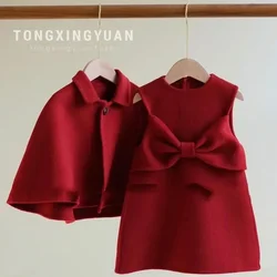 Girls Set Children Clothing 2024 New Year Girls Cloak Bow Vest Dress Set Children Baby Elegant Birthday Dress