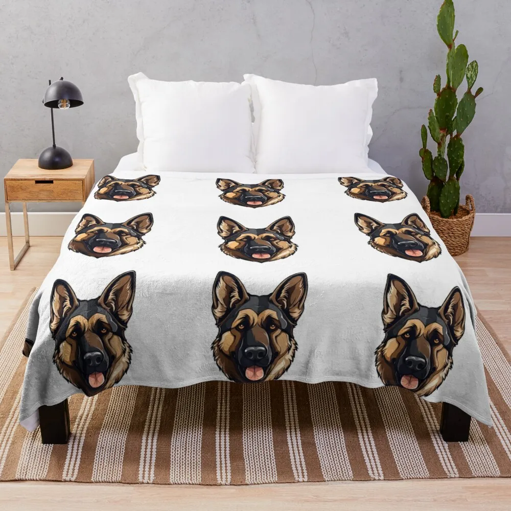 Cartoon Artistic Style German Shepherd Dog Puppy Painting Drawing Logo Sticker, wall arts, Art Prints and More Throw Blanket