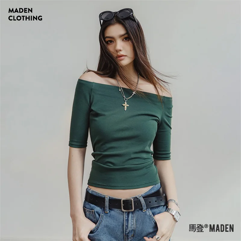 Maden Slash Neck Solid Color Short-sleeved T Shirts for Women Retro T-shirt Slim Versatile Basic Tops Female Summer T-shirt