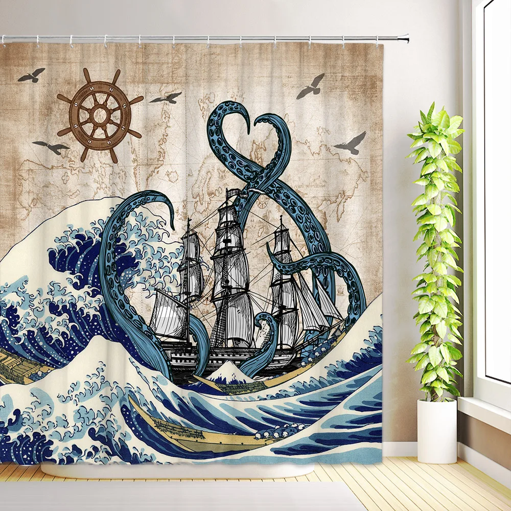 Nautical Coastal Shower Curtain Lighthouse Anchor Sailboat Seashell Starfish Octopus Ocean Beach Bathroom Decor with Hooks