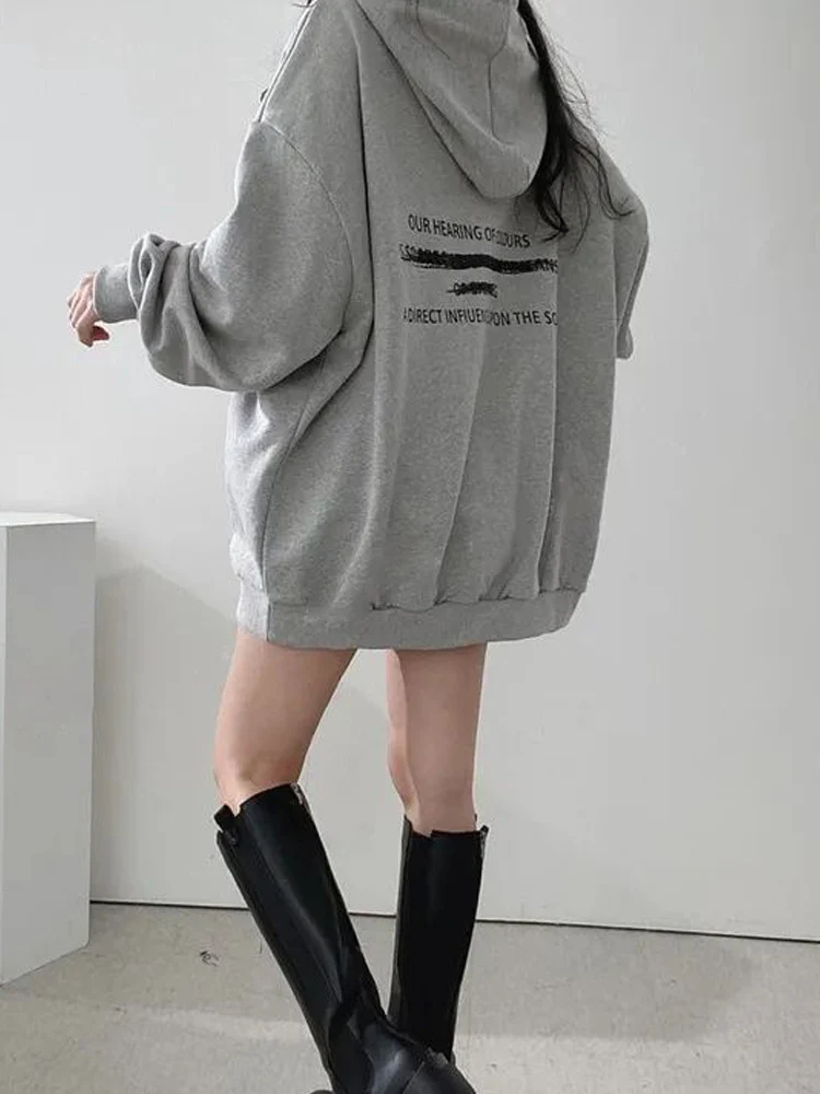 2024 Autumn Minimalist Long Sleeve Women Oversize Hoodies Korea Style Funny Printing Loose Pullovers Y2K Female Clothing Tops