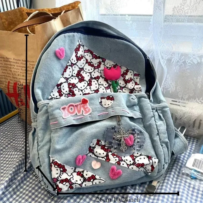 Sanrio Hello Kitty Women Backpack Cowboy Y2k Fashion University Backpack Students Patchwork Women Aesthetic Bag Retro Schoolbag