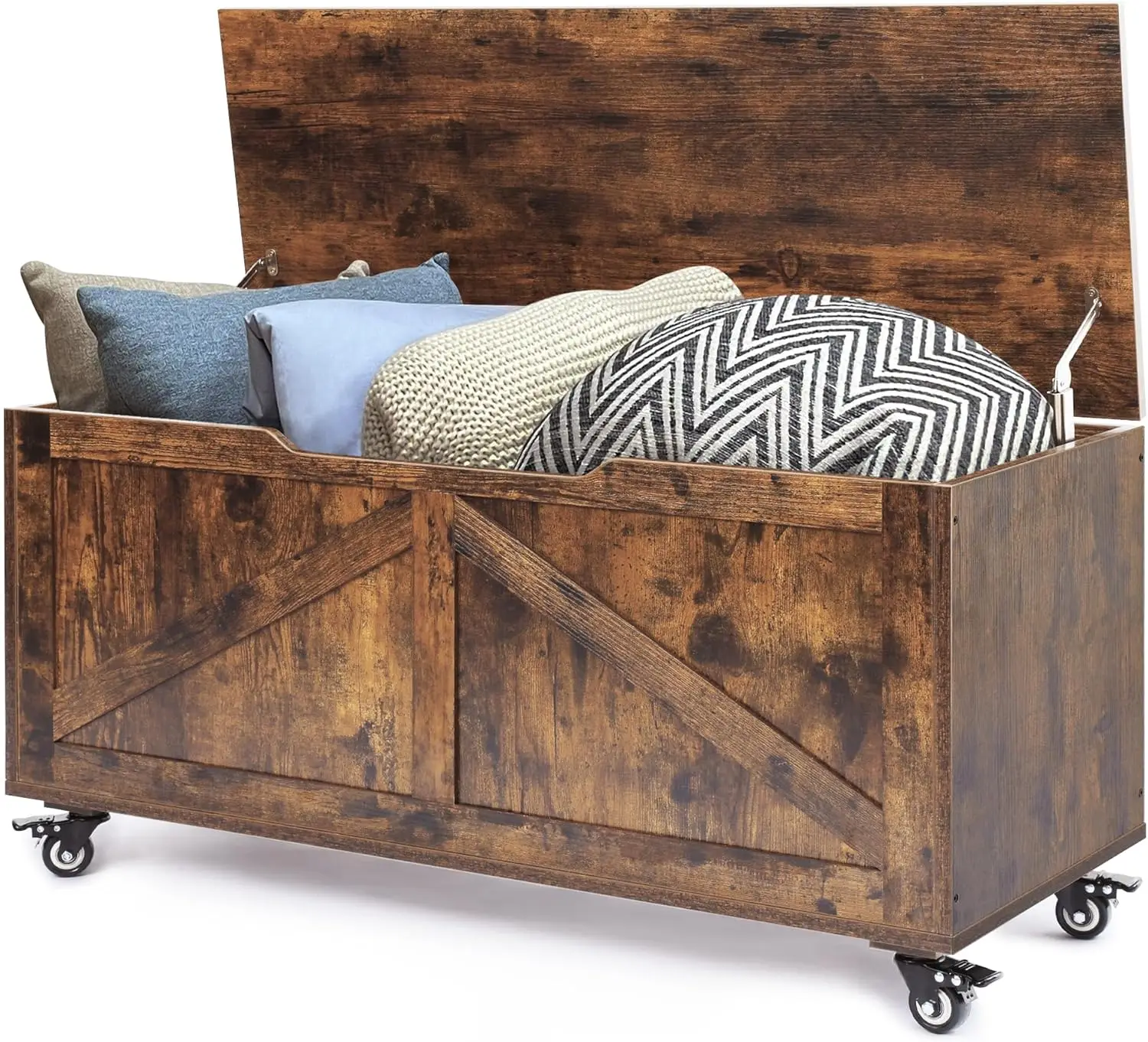 

Storage Chests, Retro Storage Bench and Trunks with Wheels, Toy Storage Box with Safety Hinge, Wooden Flip-Top Blanket Organizer