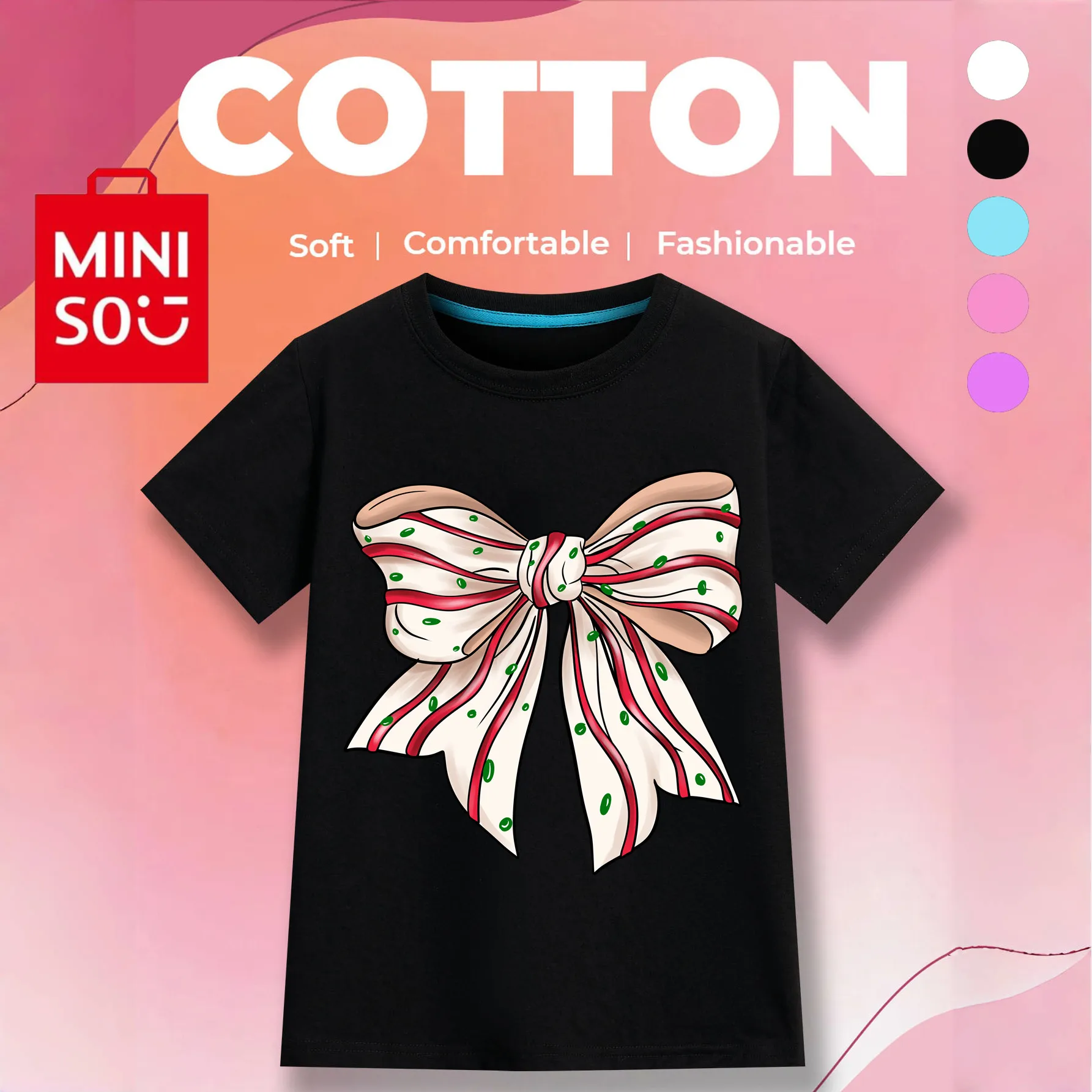 

MINISO I Like Christmas Bow Pure Cotton Children’s Clothe Boy/Girl Gift Soft T-shirt Outdoor O-neck Short Sleeve T-shirt