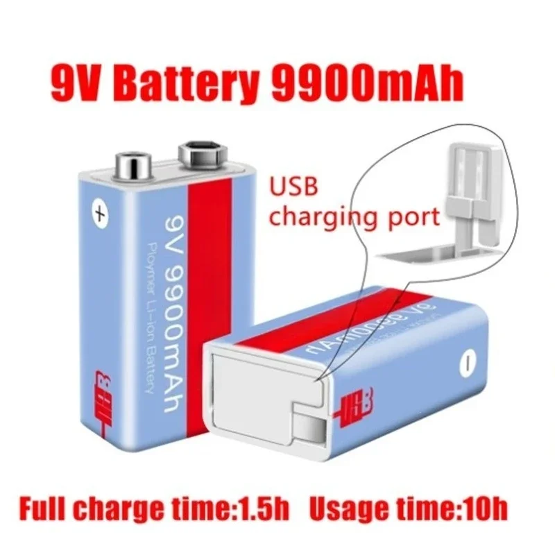 For 9V USB Rechargeable Lithium Ion Battery 9900mAh Micro USB Charging High Capacity Power Supply for Electronic Devices