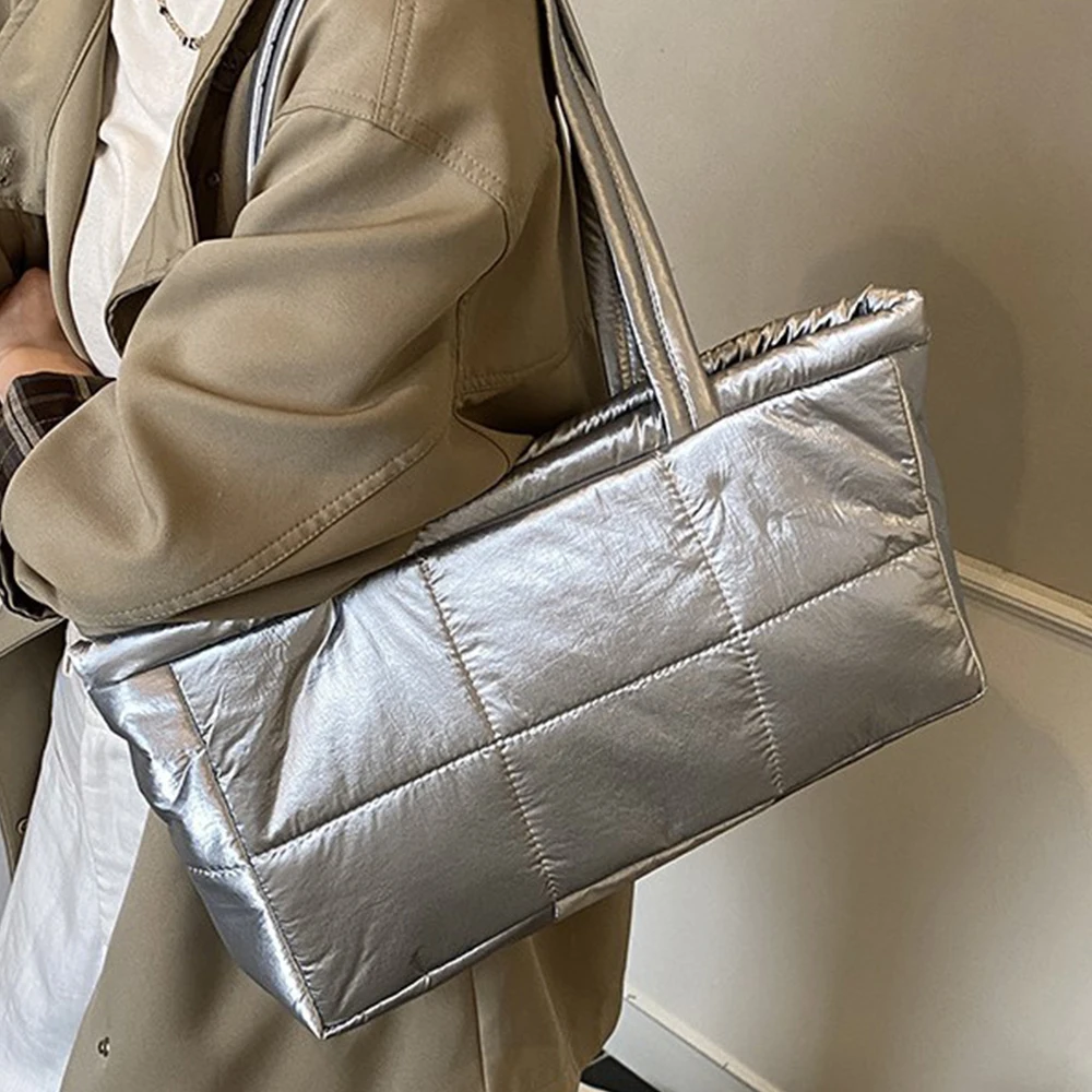 

Сумка на плечо с хлопковой подкладкой, повседневные нейлоновые стеганые сумки-тоут для женщин, большая вместительная космическая пуховая сумка, дизайнерский кошелек для покупок