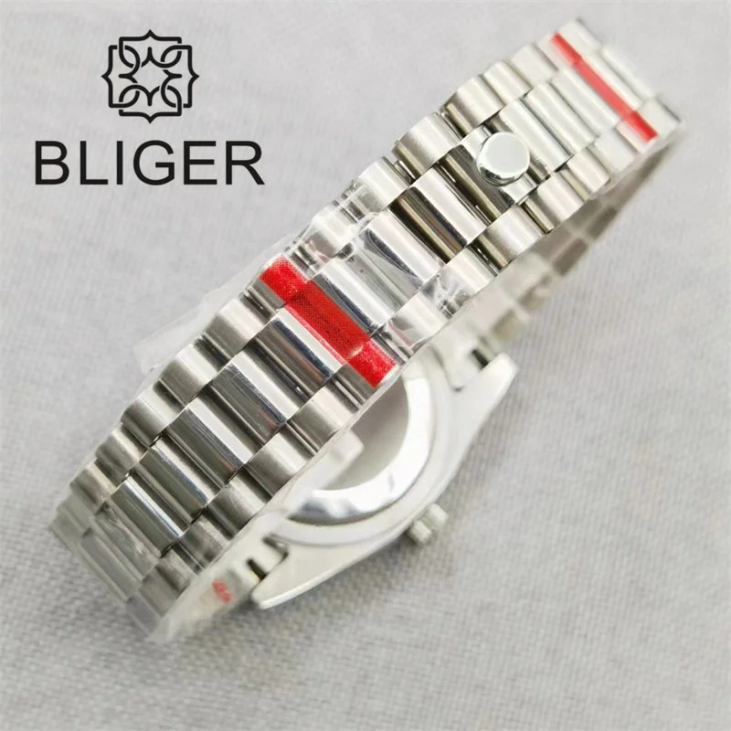 BLIGER 36mm/39mm Machenical Watch NH35 Automatic Movement Pink Dial Diamnd Time Marks Steel Strap Silver Fluted Bezel Waterproof