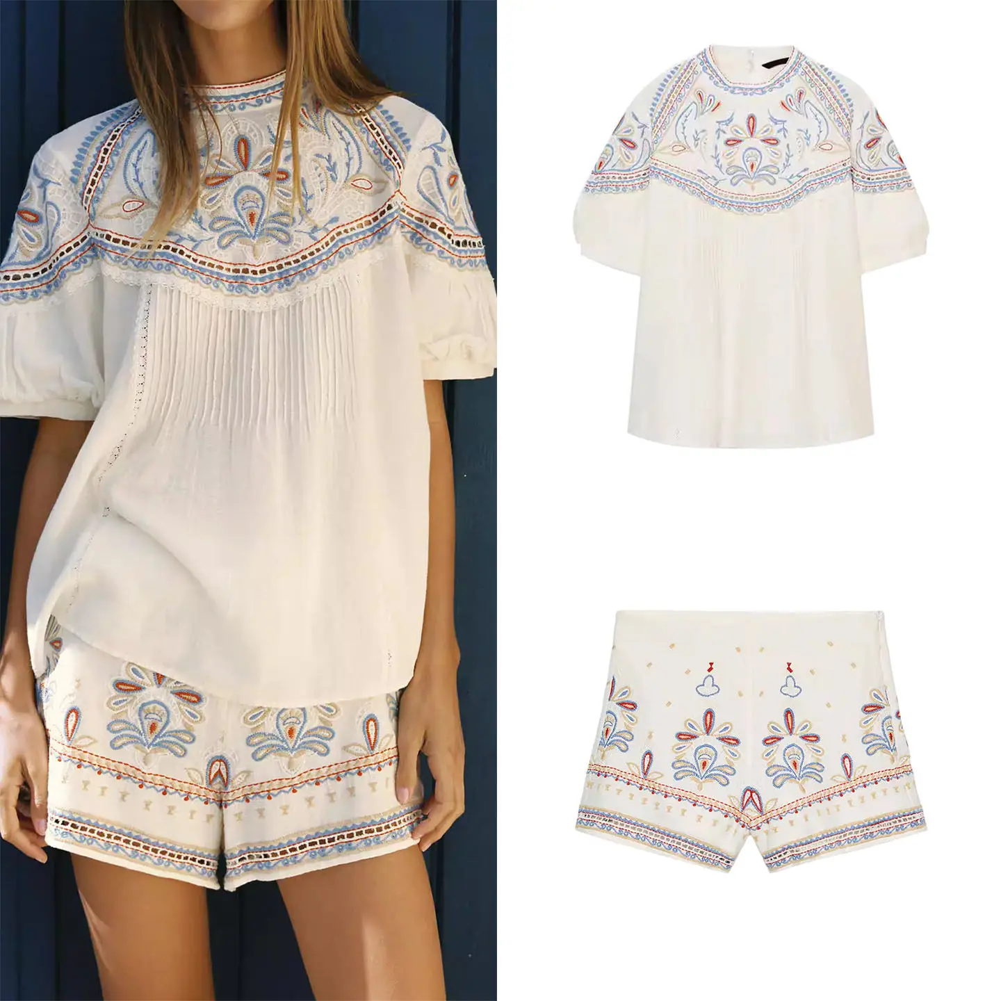 

Spring 2026 Women's High Waist Embroidered Top And Color Block Shorts Fashion Set High Waist Short Pants Floral Pattern T-Shirt