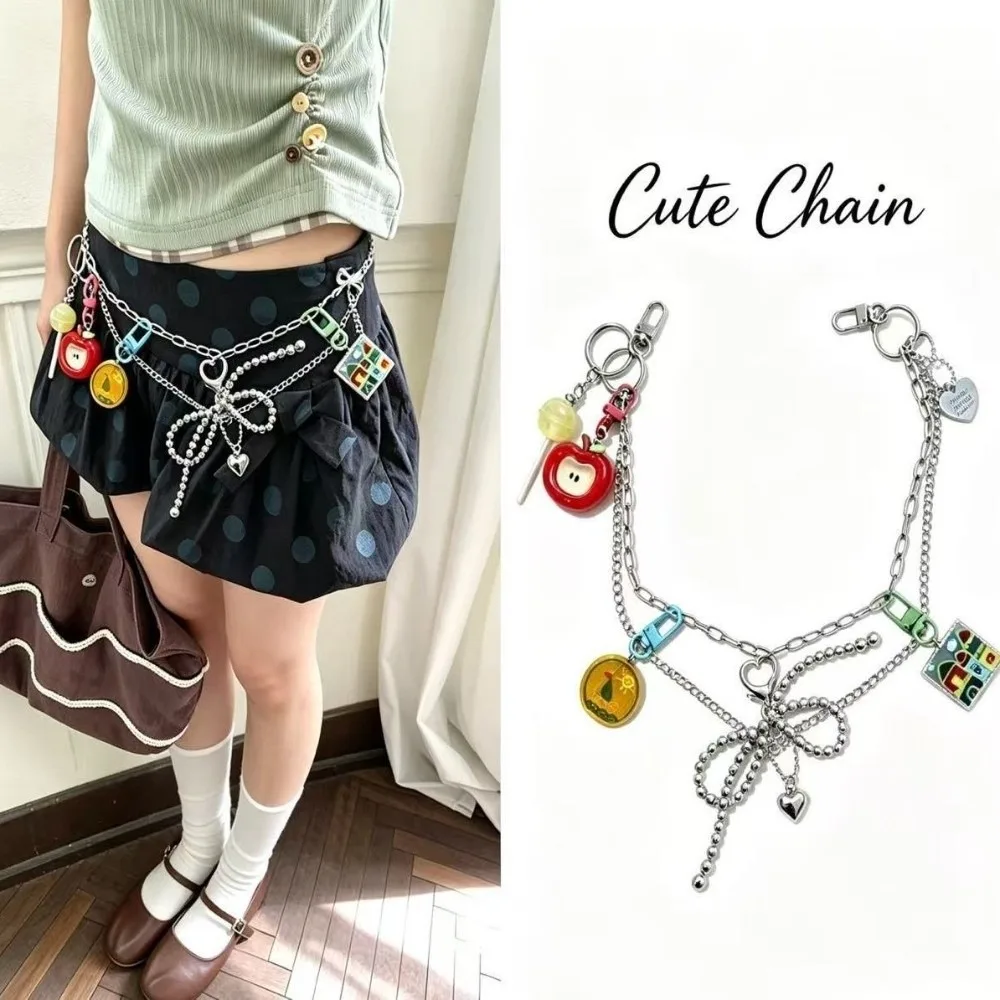 New Alloy Long Belt Chain Beaded Charm Bow Pendant Pants Chain Bohemian Style Silver Tone Waist Chain Girl Gifts