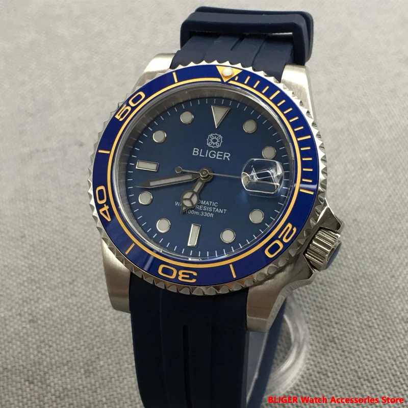 

BLIGER 40mm Automatic Mechanical Men's Watch NH35 3.8 O'clock Crown Luminous Dial Sapphire Crystal Glass Blue Rubber Strap