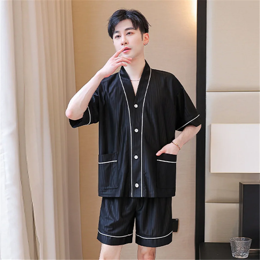 

Summer Black Men Kimono Pajamas Suit Short Sleeve Shirt and Shorts Sleepwear Men's Loungewear Cardigan V-neck Nightwear