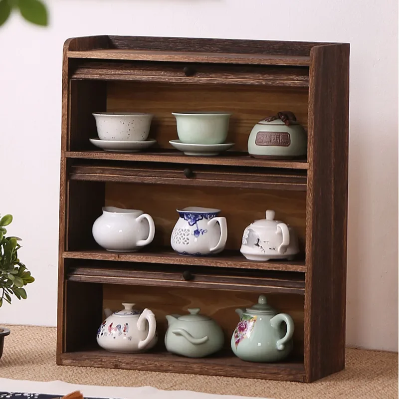 Solid Wood Tea Cup Cabinet Ancient Frame for Living Room Decor Dustproof Curtain Door Teapot Organizer Traditional Organizer