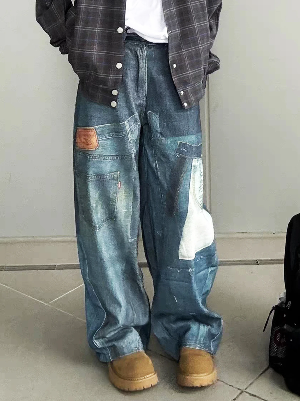 

Retro American Waed Patchwork Printed Jeans Men Loose Casual Straight Leg Long Pants Wide Leg Jeans Youth Trendy Autumn Wear