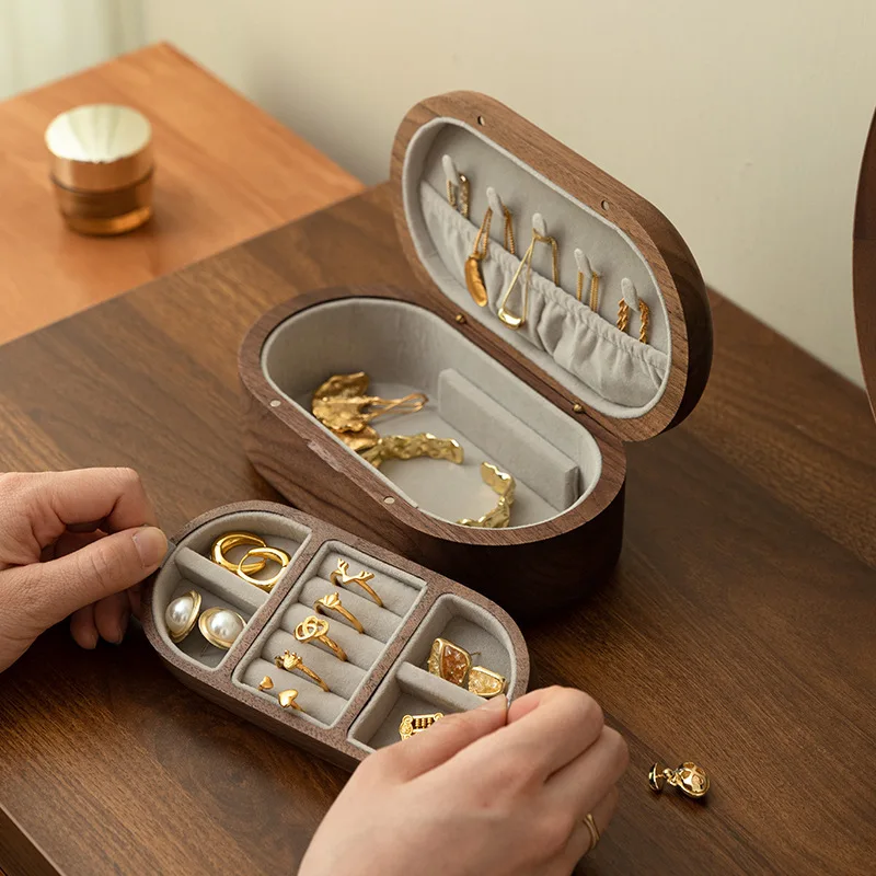 Wooden jewelry storage box, made of walnut, scratch-resistant and wear-resistant, multi-layer removable and layered storage